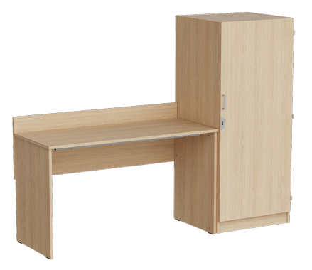 Aménagement pour lit surélevé comprenant une armoire 1/2 penderie 1/2 lingère et un bureau.
Attention à la position de l'armoire en fonction de l'échelle.
Si échelle à gauche, armoire à droite sous le lit, donc charnière à droite, 
Si échelle à droite, armoire à gauche sous le lit, donc charnière à gauche.
Pour gamme KUMYOS - NYXOS - ODEOS - TILOS