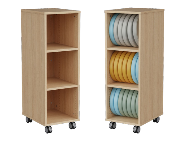 Meuble 1 colonne MANDI sur roulettes, avec 2 tablettes pour galettes 
Caisse en panneau de particules surfacé mélaminé ép.19mm et fond en panneau de particules surfacé mélaminé ép. 8mm.
Structure en mélaminé.
Vendu sans galette.