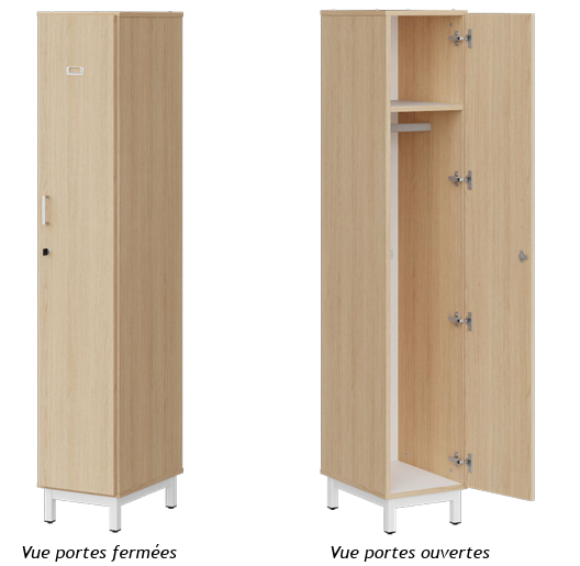 Vestiaire 1 colonne penderie.
Porte étiquette et serrure inclus.
Poignée FUJI.
Tablette fixe, fond, dessus et dessous : mélaminé en coloris blanc W908.