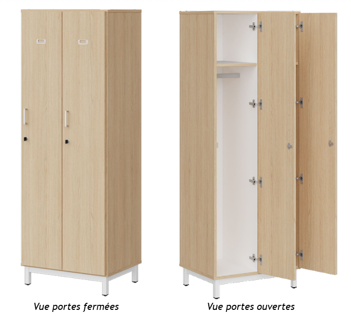 Vestiaire 2 colonnes penderie.
Porte étiquette et serrure inclus.
Poignée FUJI.
Séparations verticales, tablettes fixes, fond, dessus et dessous : mélaminé en coloris blanc W908.