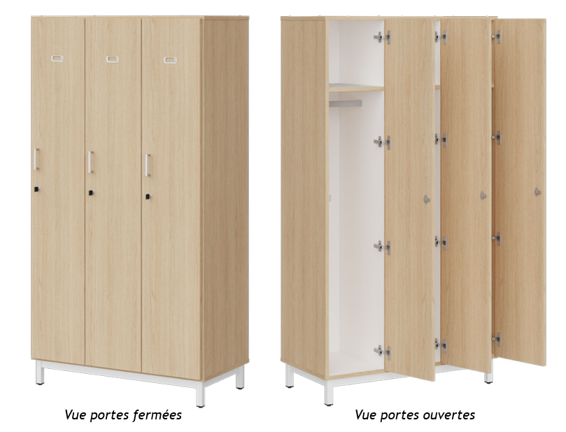 Vestiaire 3 colonnes penderie.
Porte étiquette et serrure inclus.
Poignée FUJI.
Séparations verticales, tablettes fixes, fond, dessus et dessous : mélaminé en coloris blanc W908..