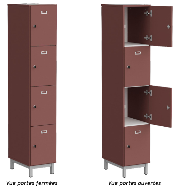 Vestiaire 1 colonne 4 casiers
Porte étiquette et serrure inclus.
Séparations horizontales, fond, dessus et dessous : mélaminé en coloris blanc W908.