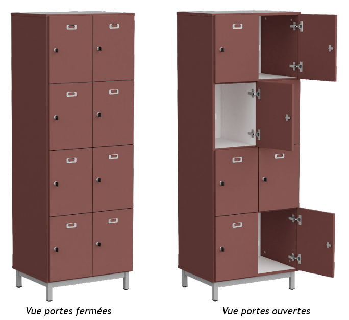 Vestiaire 2 colonnes 8 casiers
Porte étiquette et serrure inclus.
Séparation verticales et  horizontales, fond, dessus et dessous : mélaminé en coloris blanc W908.