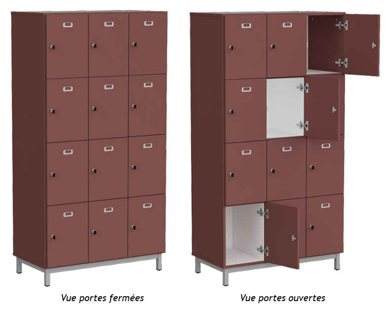 Vestiaire 3 colonnes 12 casiers
Porte étiquette et serrure inclus.
Séparation verticales et horizontales, fond, dessus et dessous : mélaminé en coloris blanc W908.