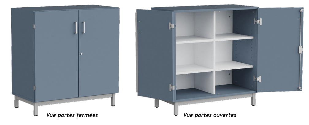 Meuble bas 2 portes battantes.
Serrure incluse.
Poignée FUJI.
Tablettes, séparation médiane et fond : mélaminé en coloris blanc W908.