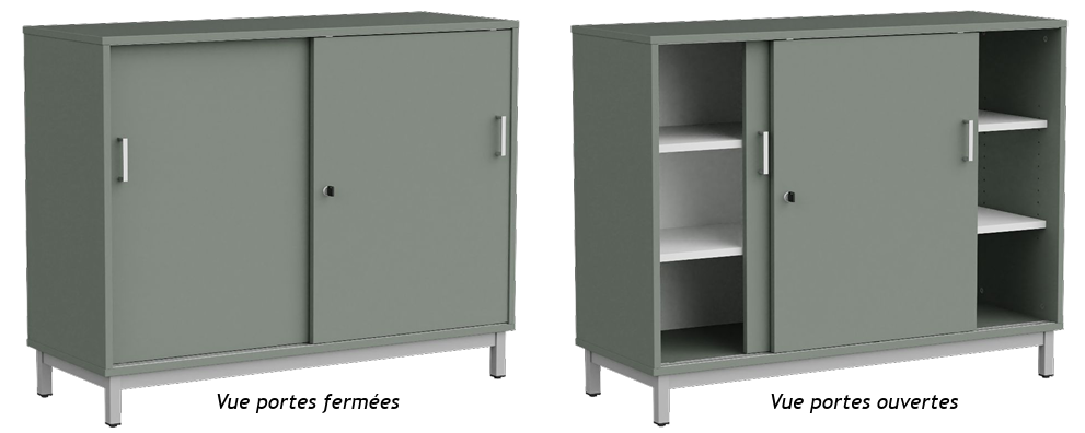 Meuble bas 2 portes coulissantes 
Serrure incluse.
Poignée FUJI.
Tablettes, séparation médiane et fond : mélaminé en coloris blanc W908.