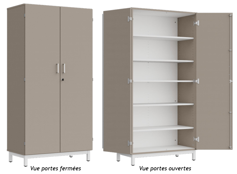Armoire 2 portes battantes L90
Serrure incluse.
Poignée FUJI.
Tablettes, fond, dessus et dessous : mélaminé en coloris blanc W908.