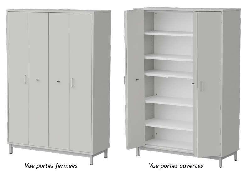 Armoire 2 portes pliantes L120
Serrure incluse.
Poignée FUJI.
Tablettes, fond, dessus et dessous : mélaminé en coloris blanc W908.
