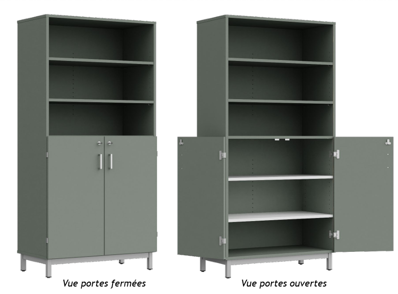 Bibliothèque haute L90. 2 portes en partie basse. Poignée FUJI
Caisson, tablettes fixe, tablettes réglables hautes et portes : mélaminé selon notre nuancier.
Tablettes réglables basses : mélaminé blanc W908